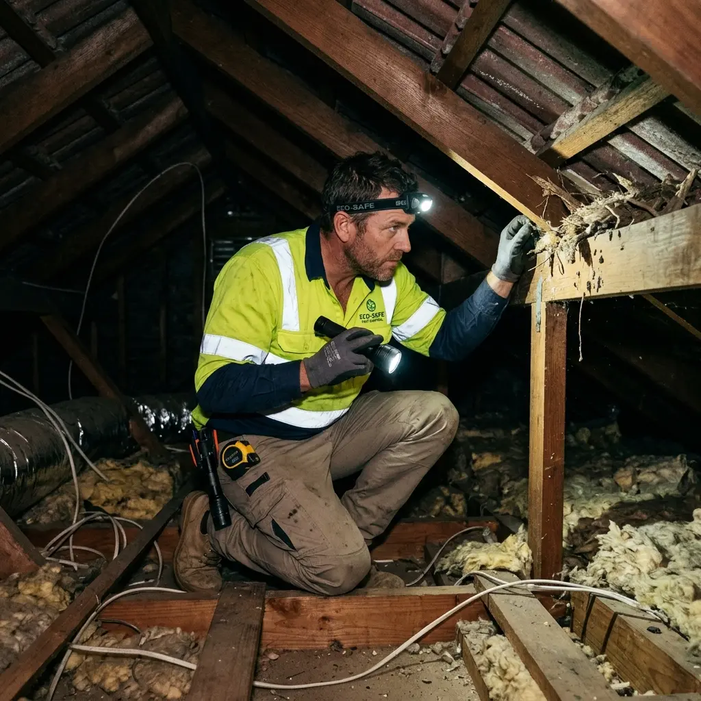 Technician inspecting a roof cavity for a dead animal in Eynesbury