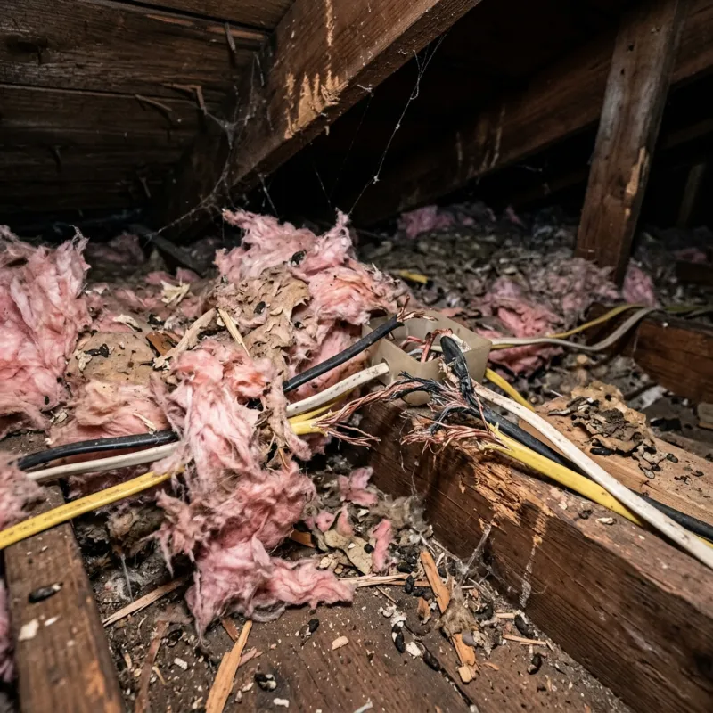 Contaminated ceiling insulation being assessed in a Eynesbury roof space